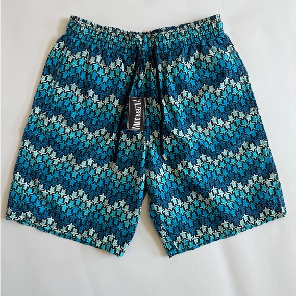 Vilebrequin Blue and White Swim Trunks with Geometric Zigzag Pattern